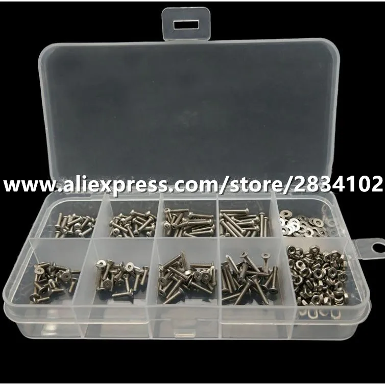 

480pcs/lot 304 Stainless Steel Hexagonal Countersunk Screws Flat Head Screw and round head screw and nut washer with box set