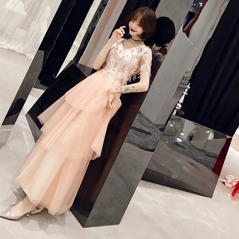 Розовое повседневное офисное вечернее платье Vestidos De Fiesta De Noche, длинное сексуальное вечернее платье с v-образным вырезом ES2481 - Цвет: Long