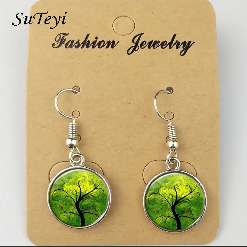 Оптовая Продажа Красочные Древо жизни стекло кабошон серьги-подвески ювелирные