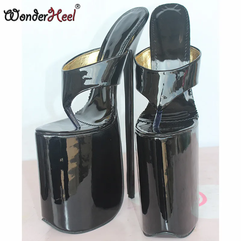 Wonderheel/каблук 12 дюймов; очень высокий каблук 30 см; шпильки на платформе; черные лакированные пикантные Фетиш-босоножки на высоком каблуке без застежки