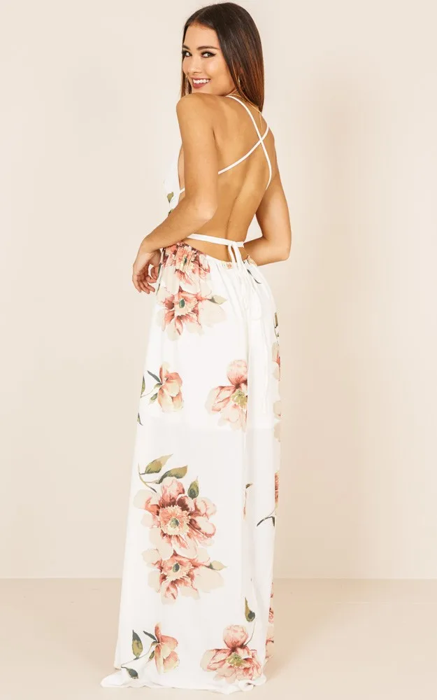 Girl Deep V Neck White Floral Women Dress Off Shoulder Sexy Strap Summer Beach Dresses Backless Maxi Long Vestidos | Женская одежда