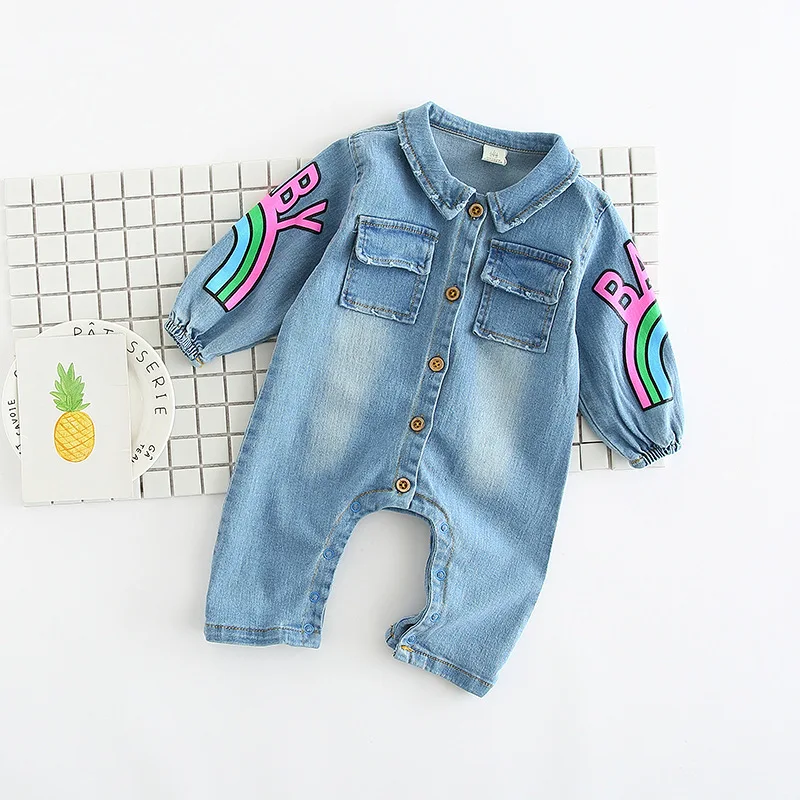 2018 мягкий джинсовый Детский комбинезон с рисунком кота Одежда для младенцев