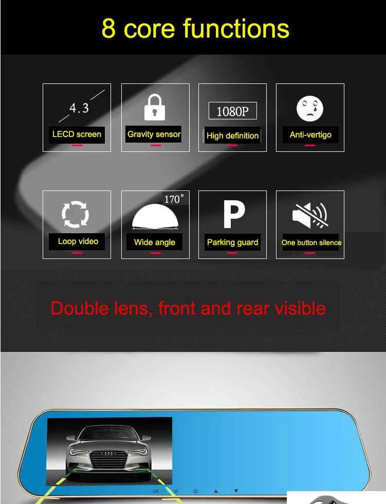 YEBIGO 4," дюймовый двойной объектив Автомобильная камера dvr dash cam carcam Dashcam 1080P рекордер зеркало цифровой регистратор