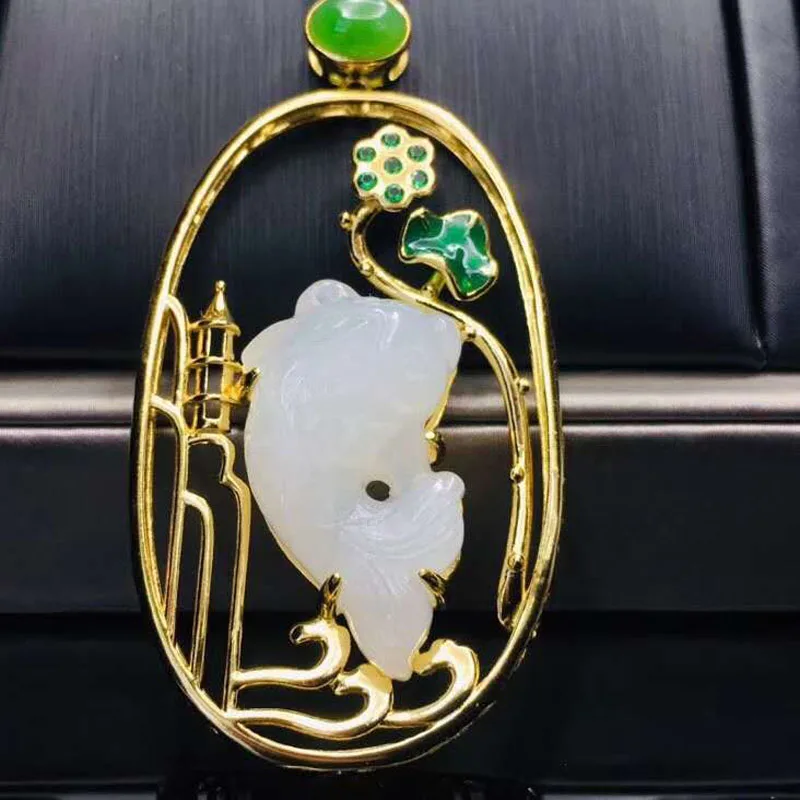 

Natural Hetian White Jade with 925 Silver Mosaic Talisman Magical Necklace Pendant