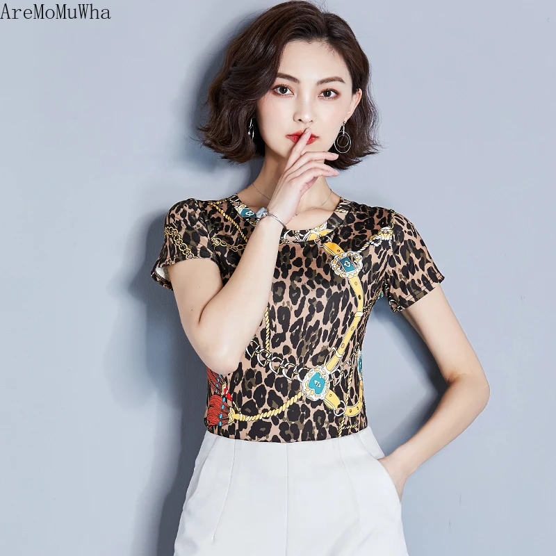 AreMoMuWha 2019 New Female Summer Fashion Print Leopard T-shirt Short-sleeved Slim Slimming Half-sleeved Shirt234 | Женская одежда