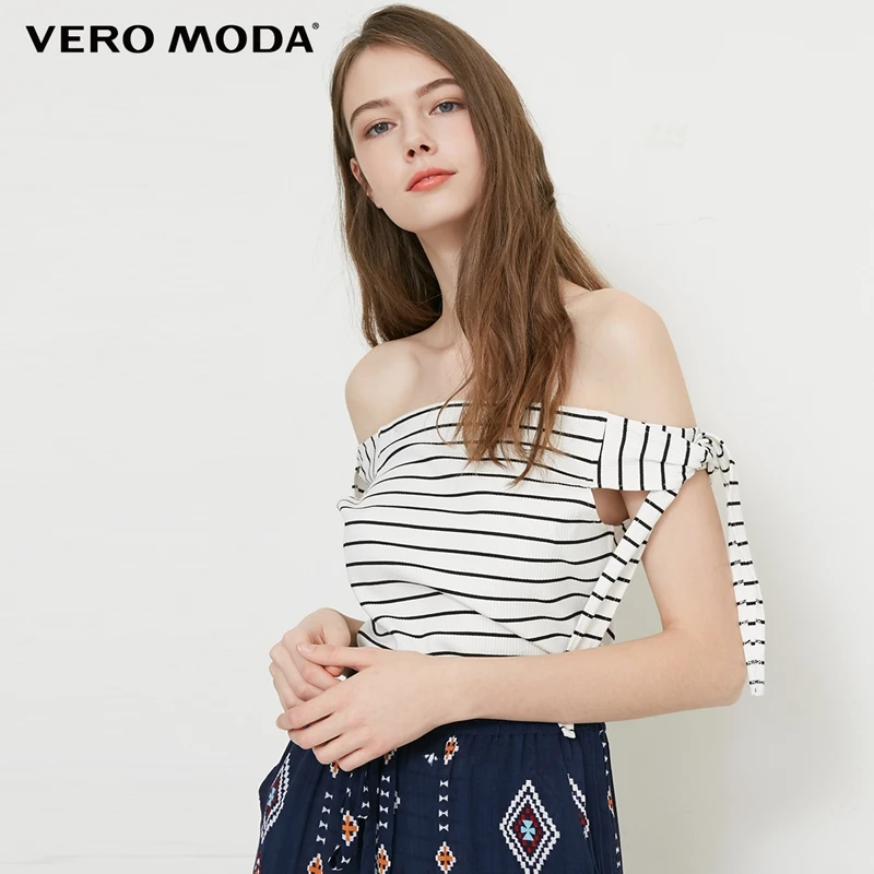 Vero Moda Женская Полосатая футболка с вырезом лодочкой и декоративными рукавами | 318201550