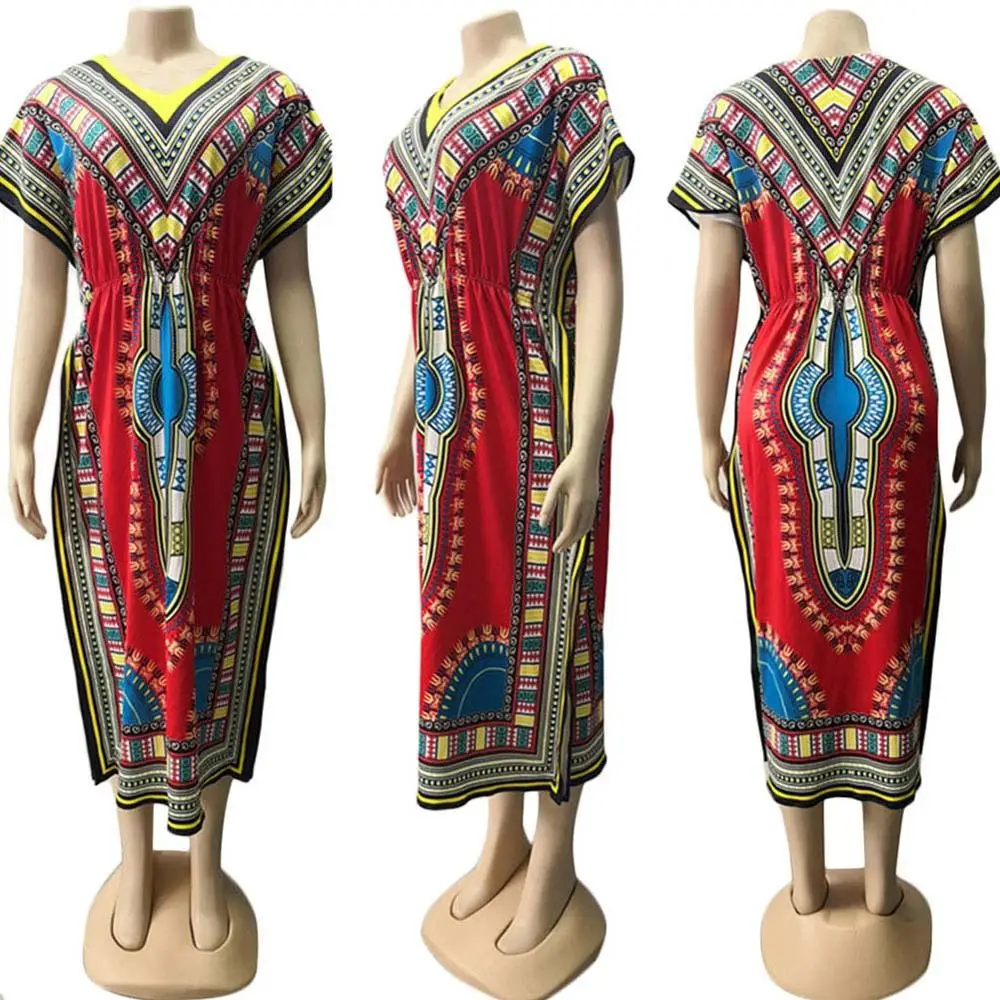 Женское платье макси с принтом в африканском стиле SUNGIFT треугольным вырезом