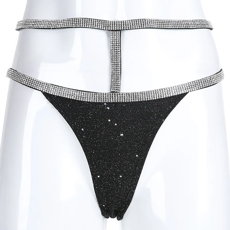 

Halter Clubwear 2019 Rhinestone Diamond Black Strap Camis Women 2Pcs Sexy Matching Suits Crystal Thong Shorts Female Party Wear