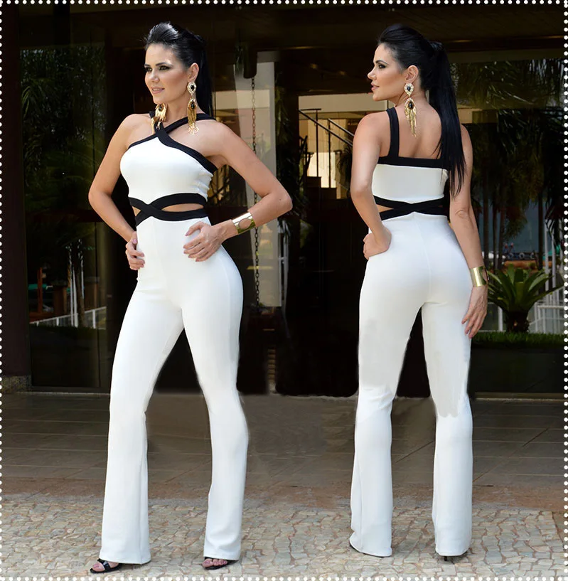 

2019 Sexy Women Black White Stitching Summer Jumpsuits Hot Halter Full Length Pants Playsuit Women's Slim Party Rompers Overalls