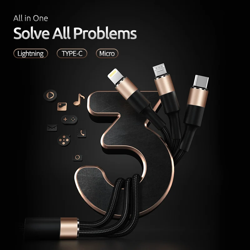 T phox 3в1 USB кабель для iPhone 11 Pro MAX Micro Type C Samsung S10 S9 быстрой зарядки 3A шнур зарядного