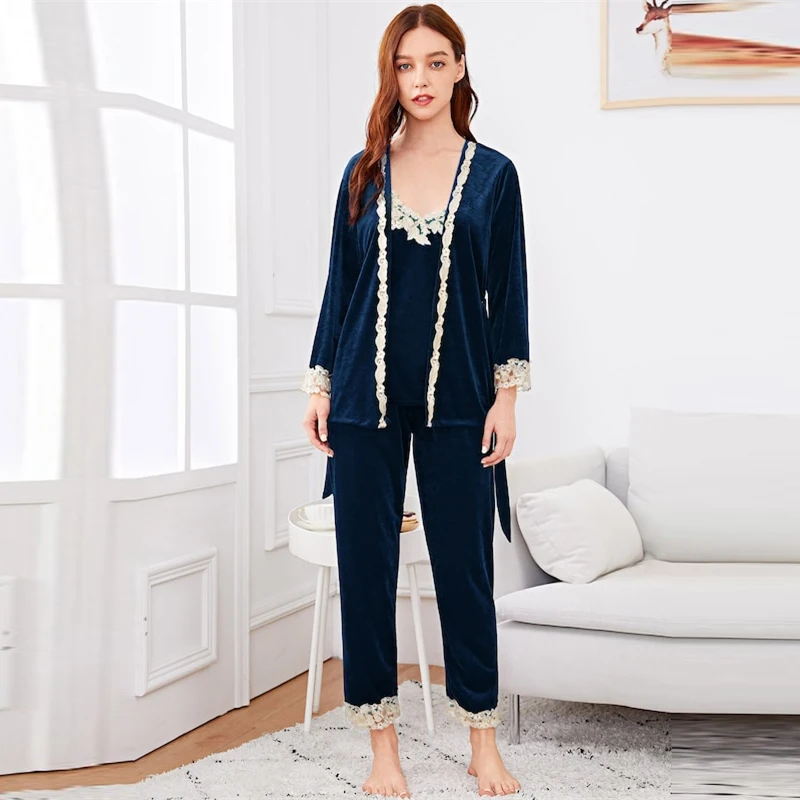 SHEIN Комплект Пижамы Из 3 Предметов, Пижама С Кружевной Контрастной Отделкой
