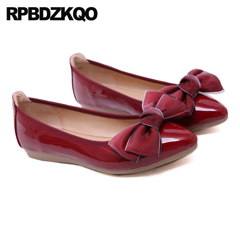 Cheap Pointed Toe Large Size Chinese Patent Leather 2021 Shallow Shoes Ladies Soft Ballet Flats Women Slip On Red Wine Gray Bow | Обувь