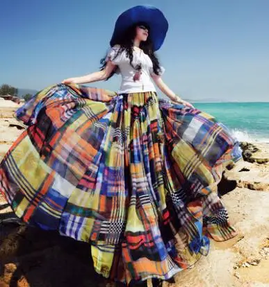 Women Trip Skirt 2018 Summer High Waist Colorful Chiffon Girl Floor Length Beautiful Beach Skirts | Женская одежда