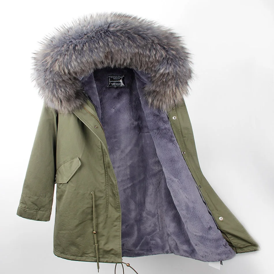 Мех любовь женщин Army Green Большой изделие из меха енота куртка с капюшоном парки верхняя одежда длинные съемной подкладкой зимняя куртка фирменный стиль