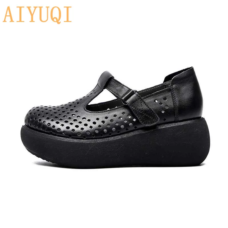 black AIYUQI; женские босоножки на платформе; обувь на танкетке; Новинка года; женские сандалии из натуральной кожи на толстой подошве в винтажном стиле; женские сандалии на плоской подошве; повседневная обувь - Цвет: black