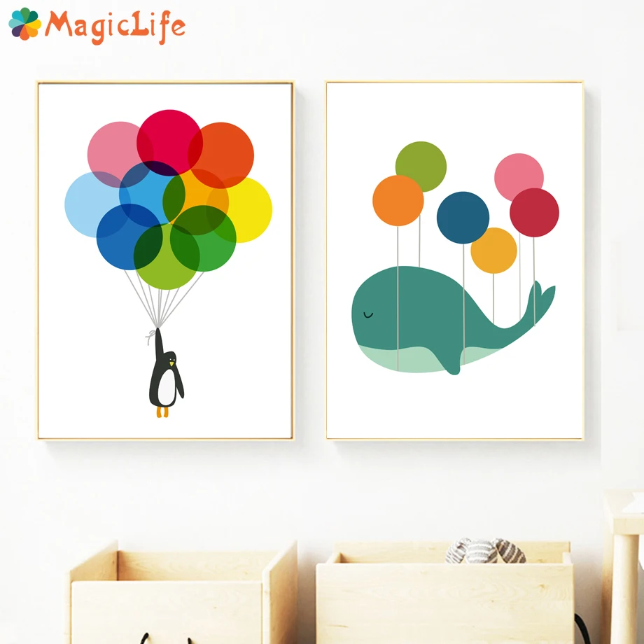 Мультяшный КИТ Пингвин воздушный шар животное Декор настенное Искусство Холст