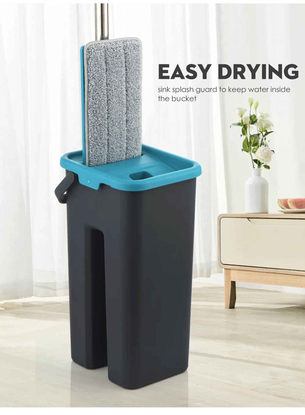 Flat Squeeze Mop and Bucket Hand Free Wringing Floor Cleaning Mop Microfiber Mop Pads Wet or Dry Usage on Hardwood Laminate Tile