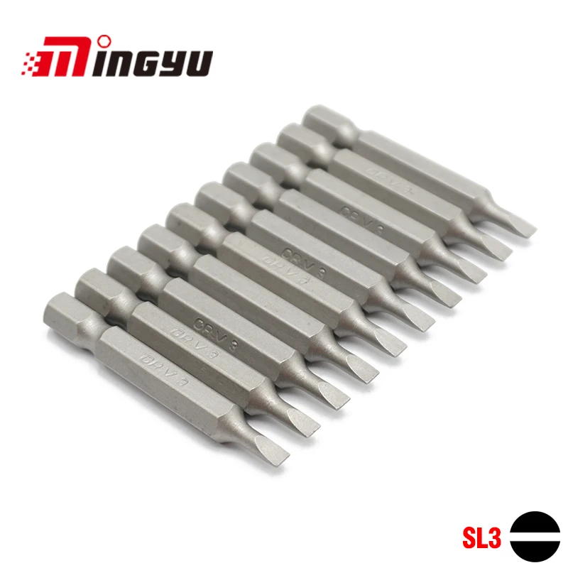 10pcs 1/4 inch Shank Flat Head Slotted Tip Chrome Vanadium Steel 50mm Length SL3 Screwdriver Bit Set For Home Repair Hand Tools