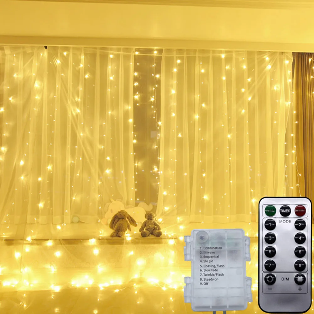 

3X3M Copper Led curtain light 3*AA battery Powered & Remote Flexible Waterproof Christmas decoration for Window,Wedding,Holiday