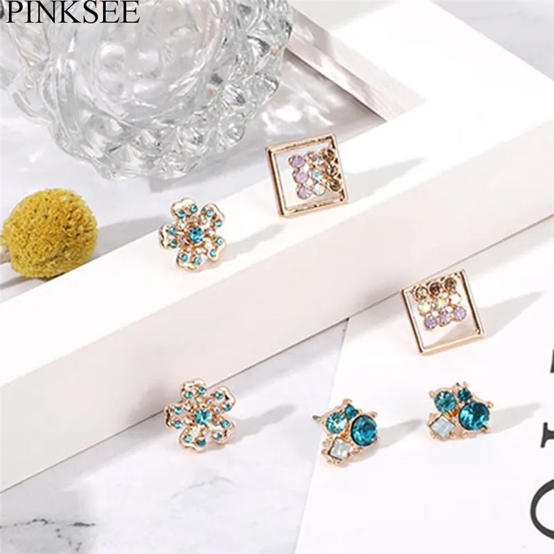 Серьги-гвоздики геометрические разноцветные с кристаллами 3 пары | Украшения и