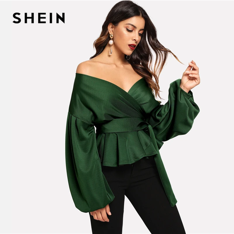 

SHEIN Green Elegant Office Lady Solid Off Shoulder Lantern Sleeve Surplice Peplum Blouse Autumn Workwear Women Tops And Blouses