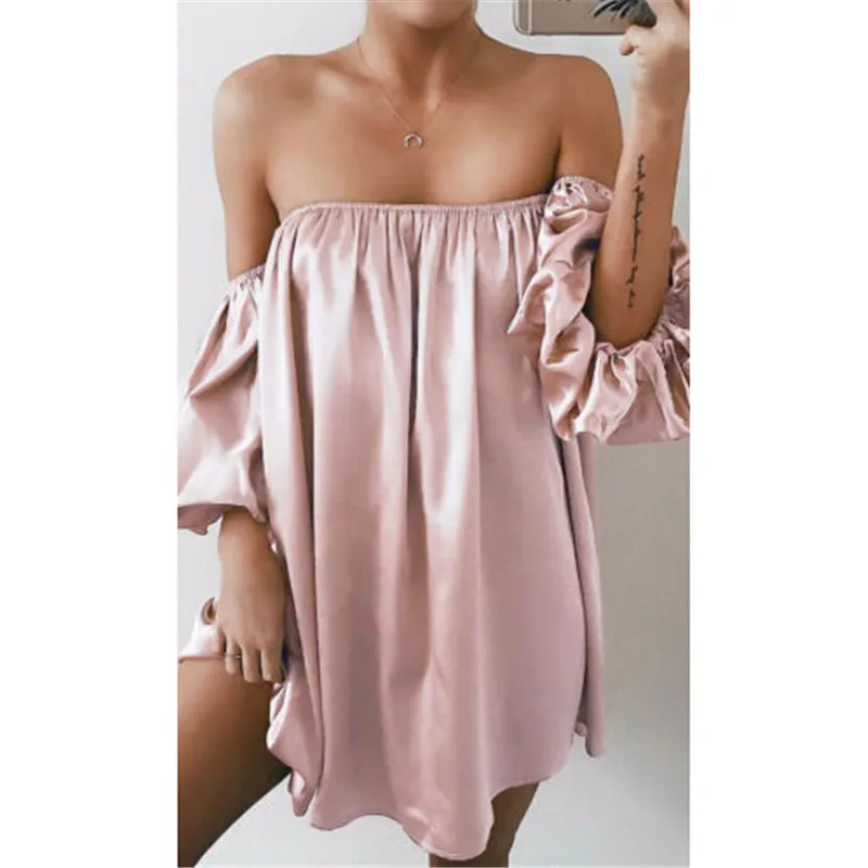

Women Short Sleeve Silk Dresses Off-shoulder Party Clubwear Dress Women Slash Neck Loose Mini Dress Wrap Chest Dresses Vestidos