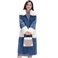 2019 new women long warm woolen coat parka fur collar blue jacket leisure jackets female parkas plus size thick outerwear winter