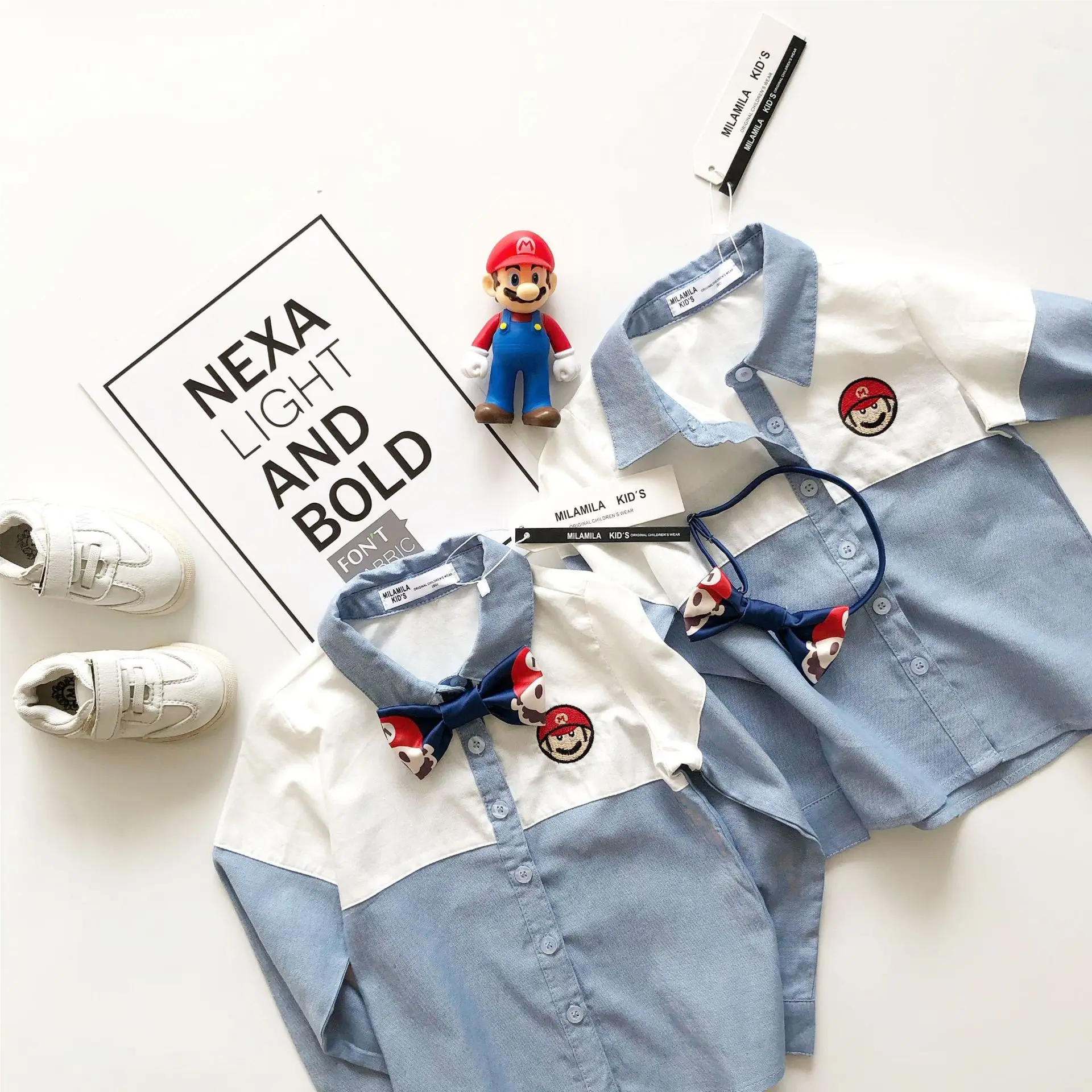 Tonytaobaby/модные хлопковые рубашки с отложным воротником и героями мультфильмов; новое осеннее платье для мальчиков и девочек с галстуком-бабочкой