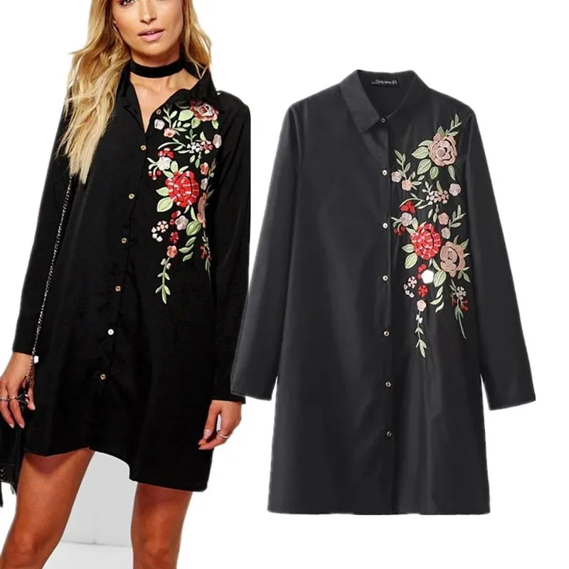 Spring Women Black flower embroidery long loose cotton shirt Long sleeve Mid Tops blusas chemise femme blusa |