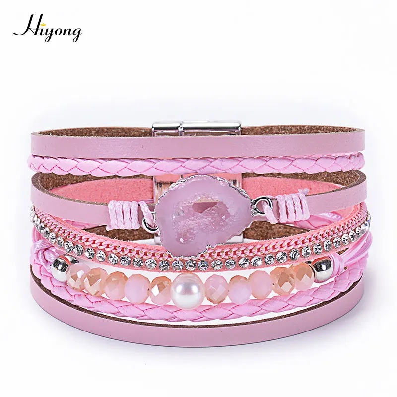 HIYONG Boho 4 цвета Многослойный кожаный браслет с кристаллами Амулет из друзы камней браслеты для женщин Магнитные браслеты ювелирные изделия - Окраска металла: Pink