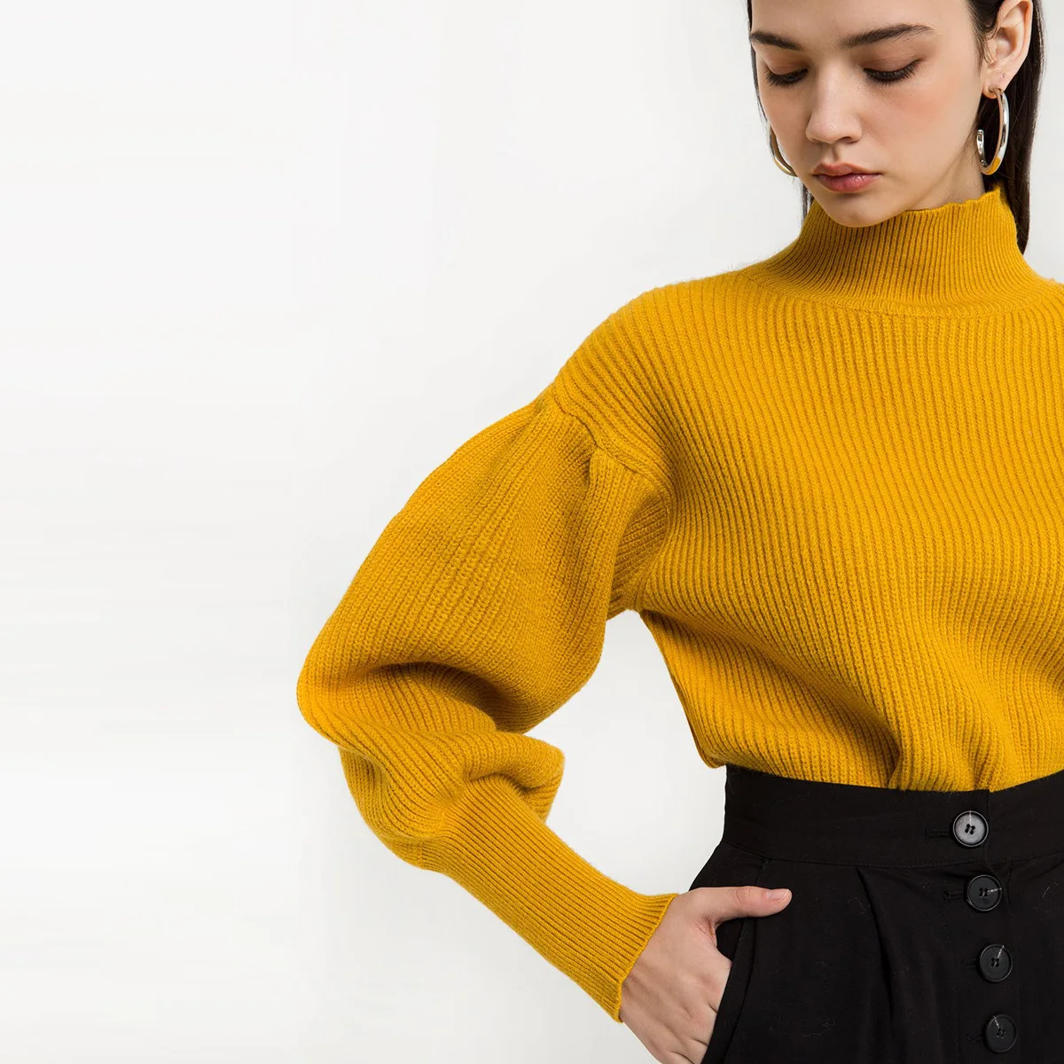 OKOUFEN 2018 Autumn Winter Fashion Concise Sweet Wind Restore Ancient Ways Hubble-bubble Sleeve High Lead Knitting Sweater | Женская