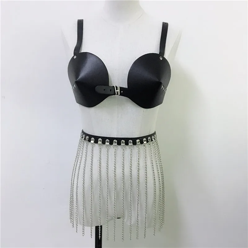 

Goth PU Leather Two Piece Set Women Sexy Bra Crop Top Long Tassels Link Chain Mini Skirt Outfits Party Club 2 Piece Matching Set