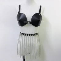 goth pu leather two piece set women sexy bra crop top long tassels link chain mini skirt outfits party club 2 piece matching set