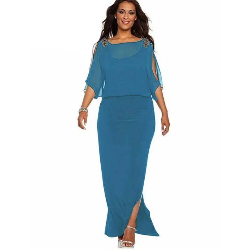 6XL, летнее женское винтажное шифоновое Сетчатое длинное платье, повседневное, с разрезом, праздничное, Пляжное, макси платье, одноцветное, свободное, размера плюс, vestidos - Цвет: Синий