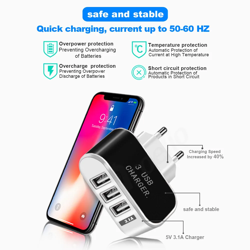 3 порта зарядного устройства USB Rainbow 5 V 2A дорожный настенный адаптер питания