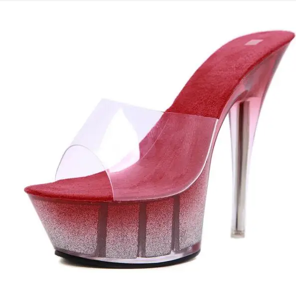 Красный Shoes Women Sexy Super High Heel 15CM Fine with Waterproof Table Slippers Transparent Crystal Shoes Female Wedding Shoes - Цвет: Красный