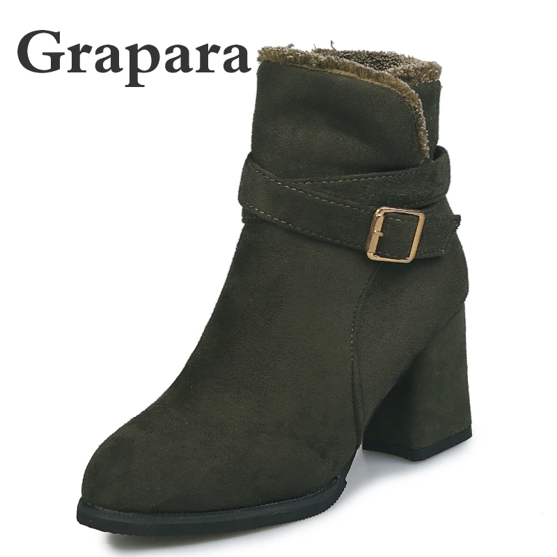 

New Plush Women Boots Buckle Zip Flock Ankle Boots Square High Heels Round Toe Ladies Boots Woman Autumn Winter Boots Grapara