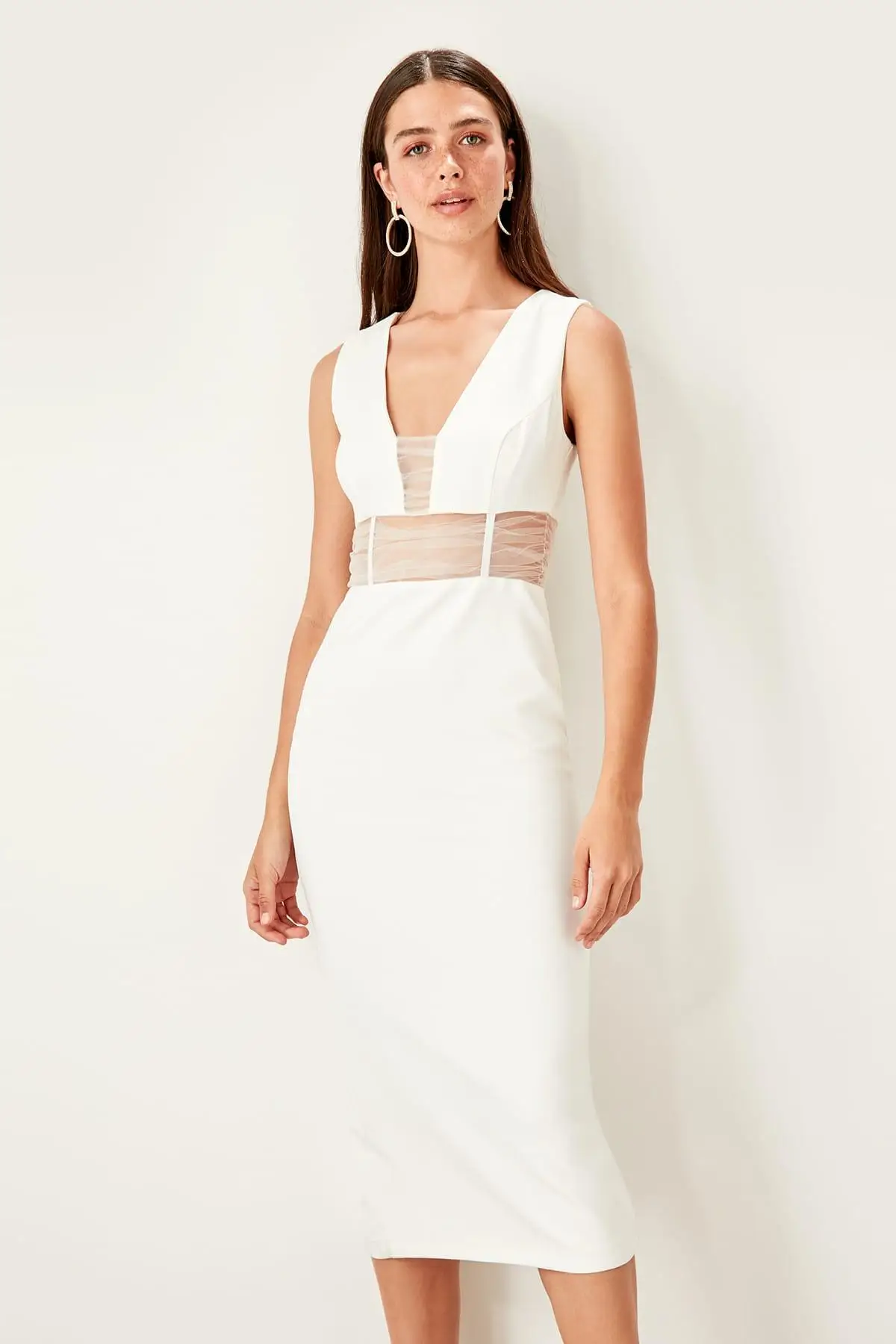 Trendyol экрю Талия деталь платье TPRSS19BB0559|Женские платья| |