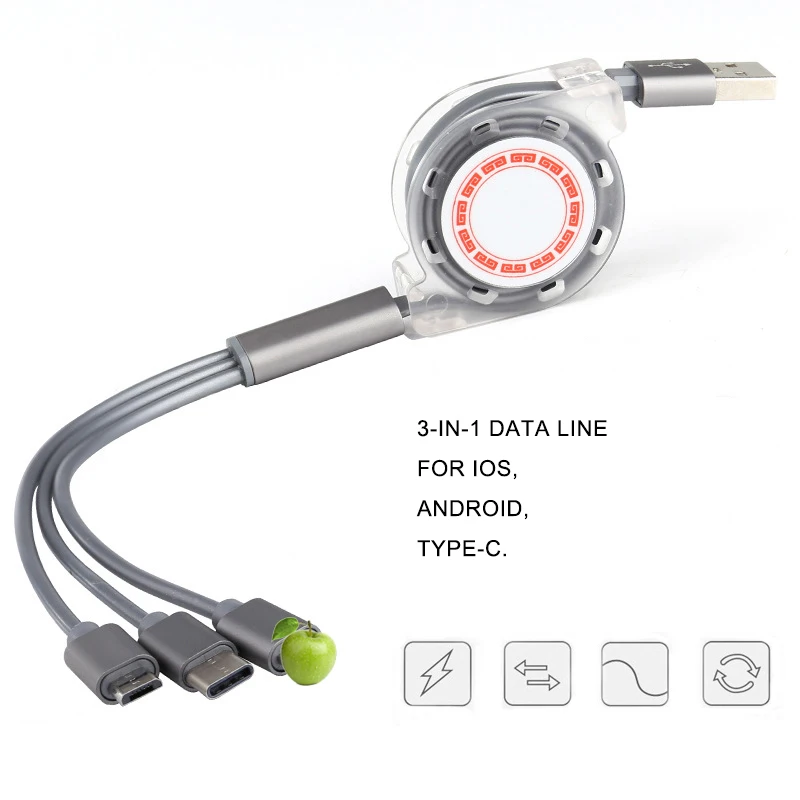 3 в 1 USB кабель 2.4A для быстрой зарядки Регулируемый iPhone 8 7 6 Android Micro lightning Type C