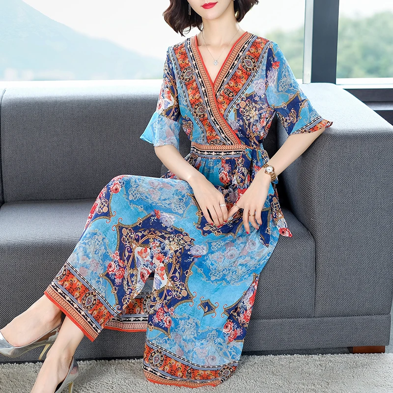 Женское платье с цветочным принтом шифоновое винтажное длинное v-образным