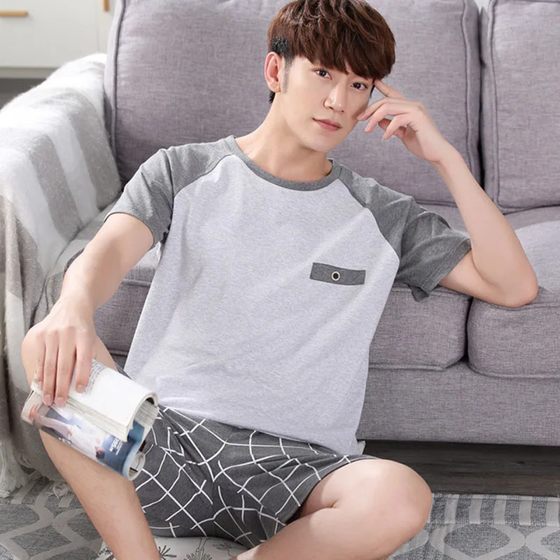 

Men's plaid cotton pajamas set summer comfort short-sleeved O-neck collar shirt & half pants sleepwear casual pajamas homewear