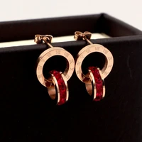 fashion jewelry red super flash zircon roman numerals 2 circle stud earrings rose gold titanium steel earrings wholesale