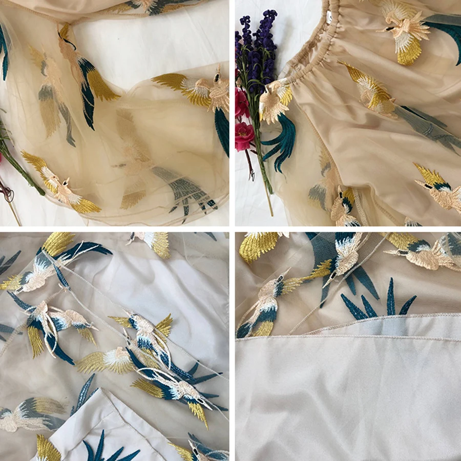 Женское летнее платье с вышивкой Boho прозрачное Сетчатое длинными рукавами