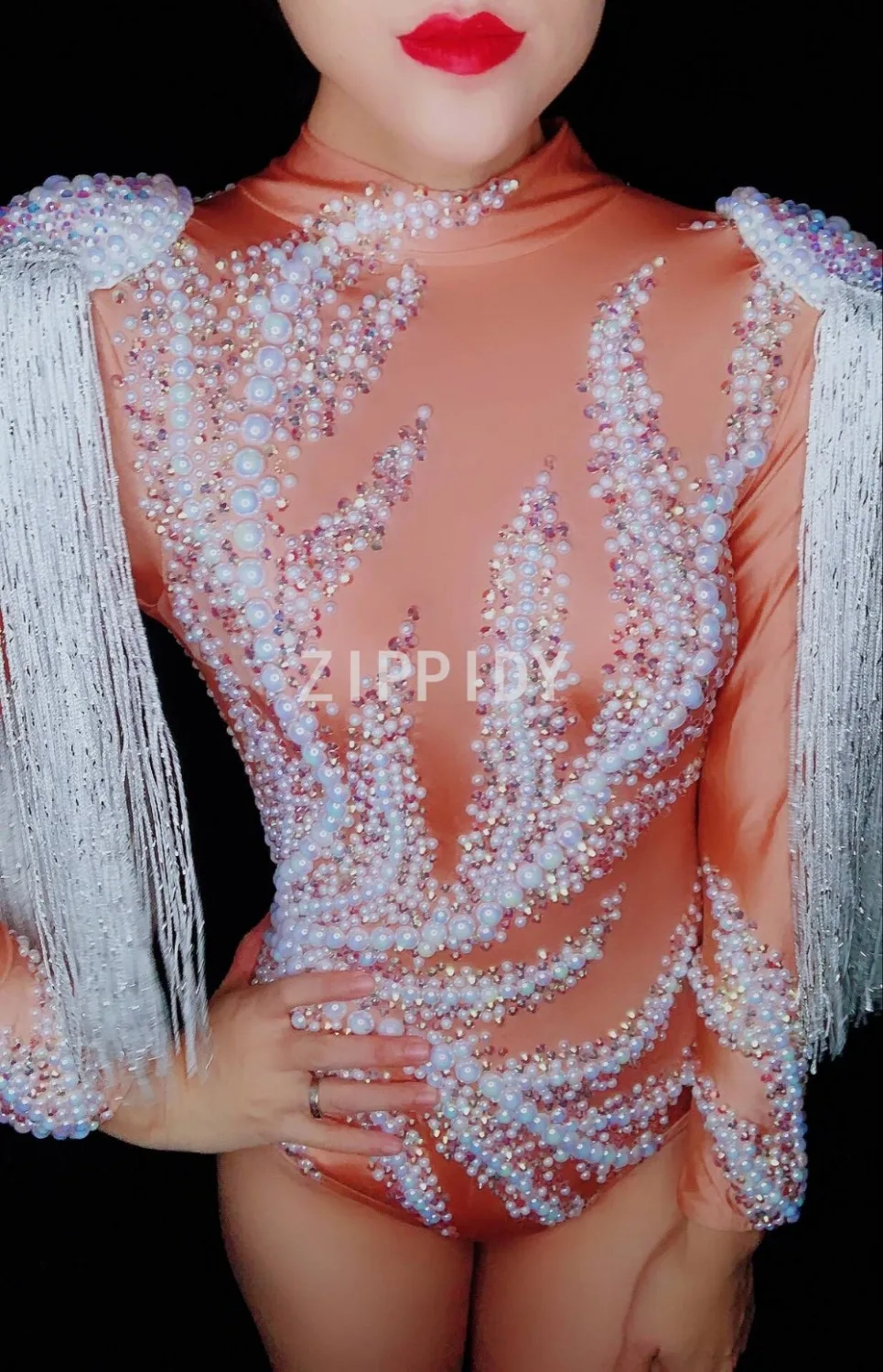 Fashion Flashing Stones Pearls White Tassel Spandex Bodysuit Female Singer Costume Nightclub Party Show Women's Dancer Oufit