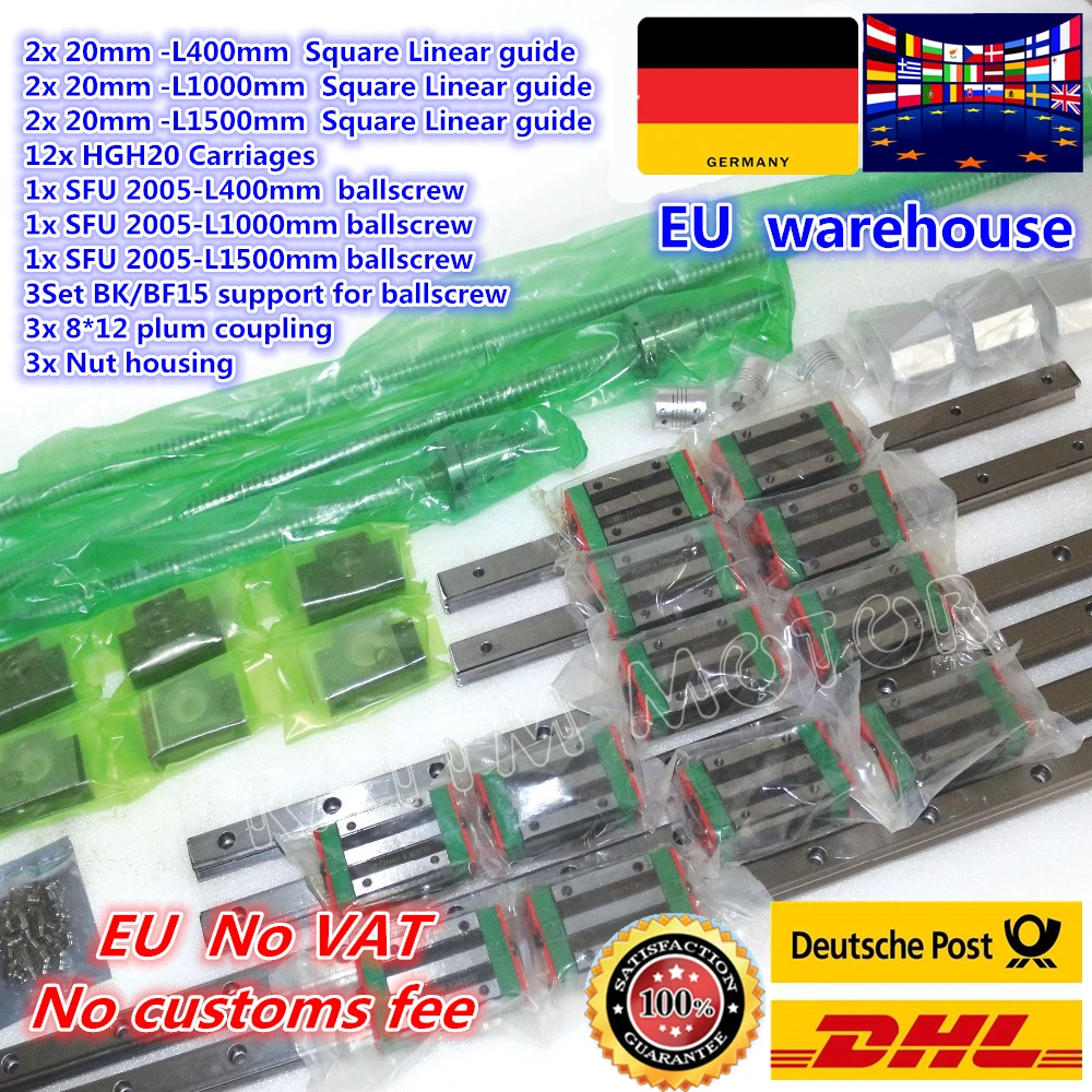 3 набора квадратных линейных направляющих фрез/1000/1500 мм и 3 шт. шариковых винтов фрез/1000/1500 мм с гайкой и 3 комплекта BK/B15 и муфта для ЧПУ
