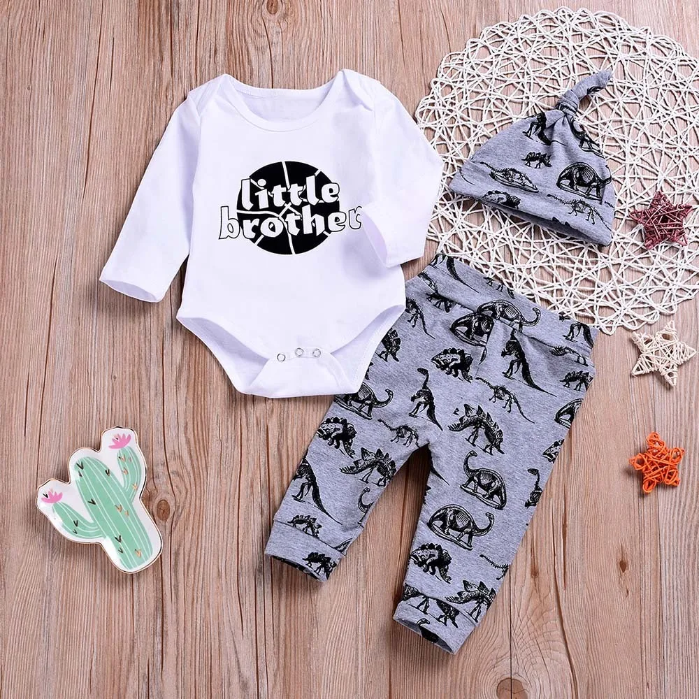 Fashion Newborn Baby boy Clothing Set 3PCS Toddler Letter Print Romper+ Dinosaur Pants+Hat Outfit dropshipping | Детская одежда и