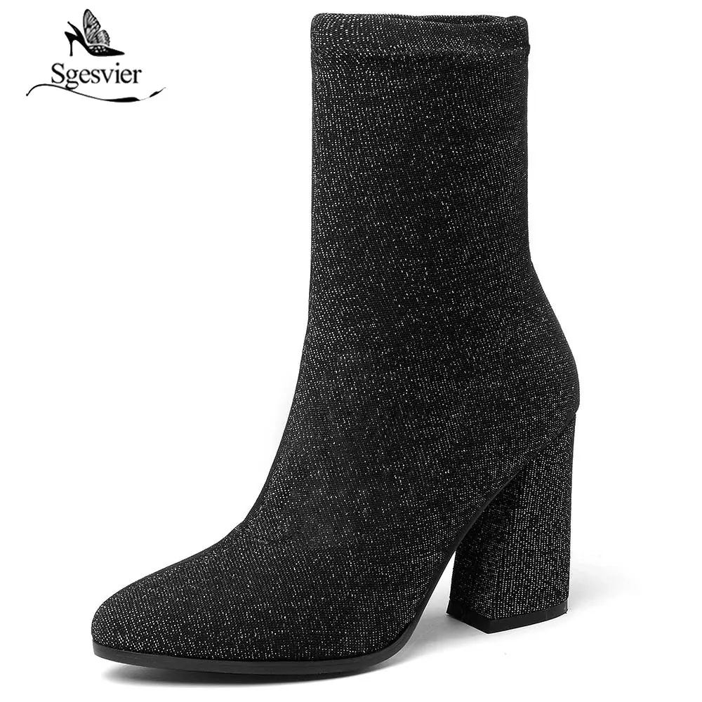 

Sgesvier Women's Boots Pointed Toe Elastic Ankle Boots Thick Heel High Heels Shoes Woman Female Socks Boots 2018 Spring OX481
