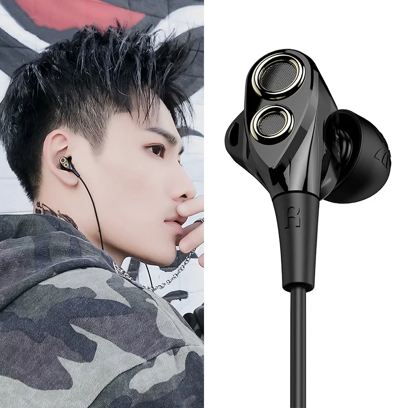 Rukz DT6 двойной динамический Динамик Hi-Fi наушники с микрофоном для XIAOMI смартфон в