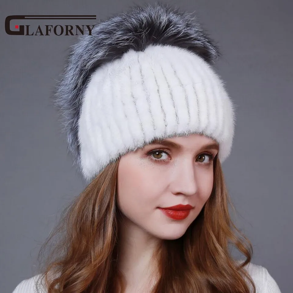 Glaforny 2017 Новый стиль Женская зимняя вязаная норковая меховая шапка с помпонами из