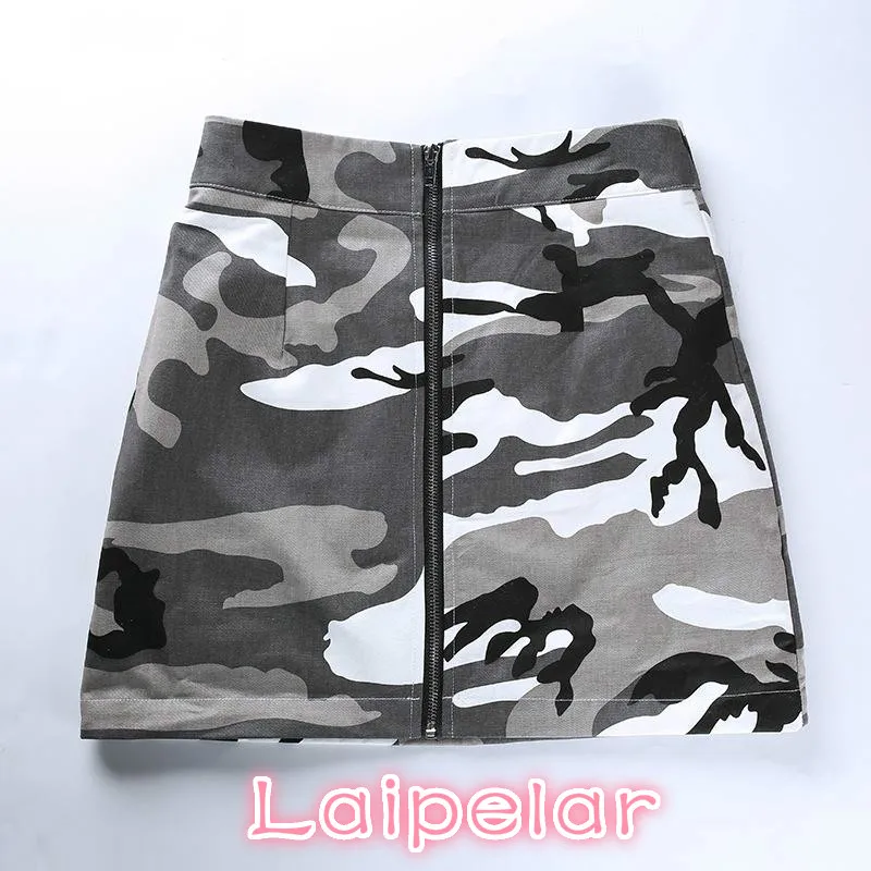 Skirt Women Zipper Punk Rock Mini Skirt Streetwear Cotton Slim Camo Skirts  Faldas Mujer